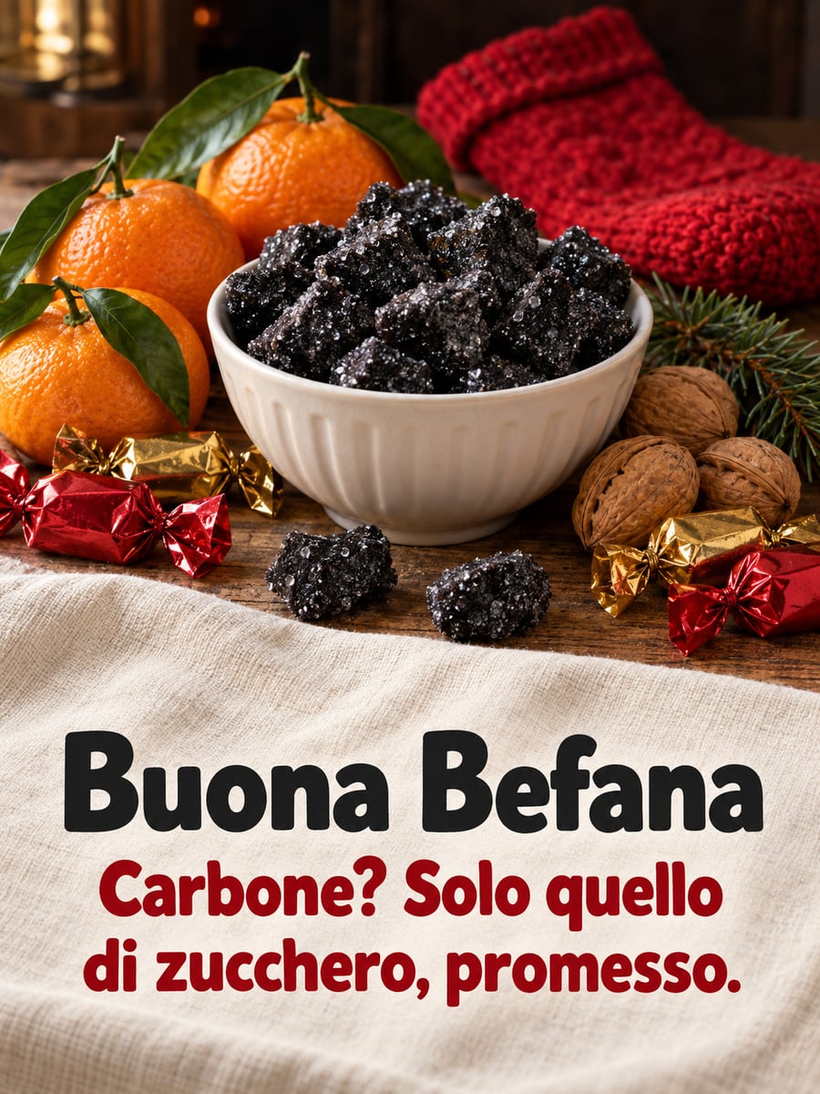 Immagine dell’Epifania con la scritta «Buona Befana» e «Carbone? Solo quello di zucchero, promesso.» – carbone di zucchero, mandarini, noci, caramelle