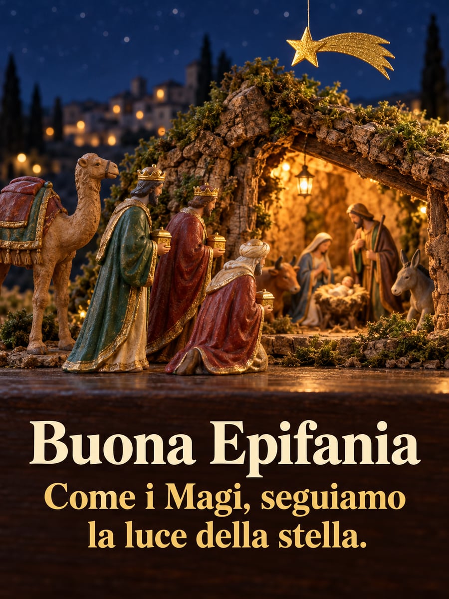 Immagine dell’Epifania con la scritta «Buona Epifania» e «Come i Magi, seguiamo la luce della stella.» – Magi, cammello, presepe di terracotta, stella cometa