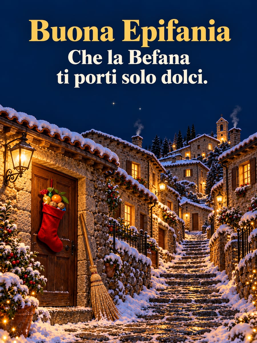 Immagine dell’Epifania con la scritta «Buona Epifania» e «Che la Befana ti porti solo dolci.» – calza appesa alla porta, scopa, vicolo innevato