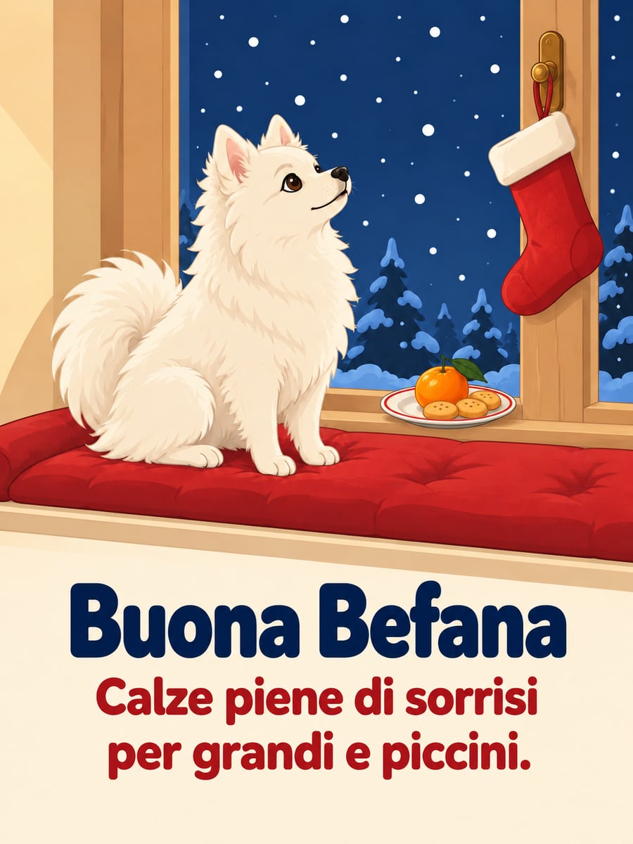 Immagine dell’Epifania con la scritta «Buona Befana» e «Calze piene di sorrisi per grandi e piccini.» – volpino italiano bianco, finestra, calza rossa, mandarino