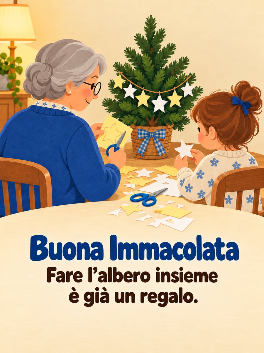 Immagine di Buona Immacolata con la scritta «Buona Immacolata» e «Fare l’albero insieme è già un regalo.» – nonna e bambina ritagliano stelle di carta, stelle di carta appese, tavolo di cucina