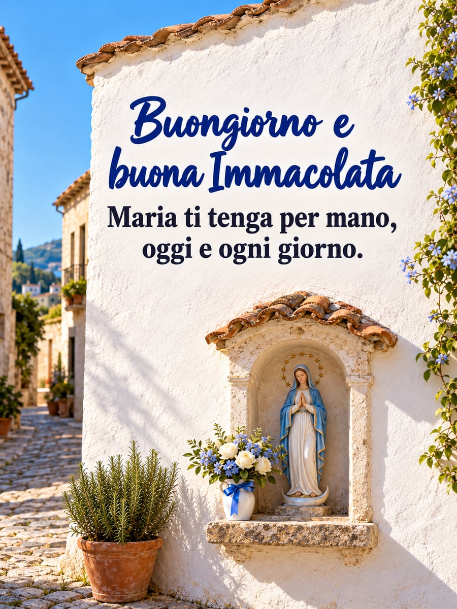 Immagine di Buona Immacolata con la scritta «Buongiorno e buona Immacolata» e «Maria ti tenga per mano, oggi e ogni giorno.» – edicola con la Madonna in un vicolo, fiori freschi, muro bianco