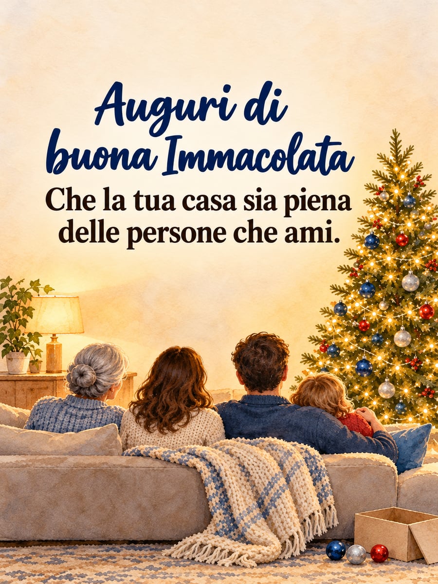 Immagine di Buona Immacolata con la scritta «Auguri di buona Immacolata» e «Che la tua casa sia piena delle persone che ami.» – famiglia sul divano di spalle, albero di Natale appena acceso, nonna, mamma, papà e bambino