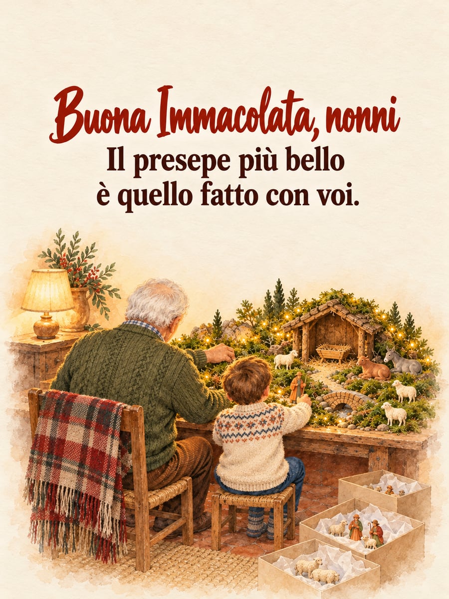 Immagine di Buona Immacolata con la scritta «Buona Immacolata, nonni» e «Il presepe più bello è quello fatto con voi.» – nonno e nipotino di spalle, presepe fatto in casa, muschio, mangiatoia vuota