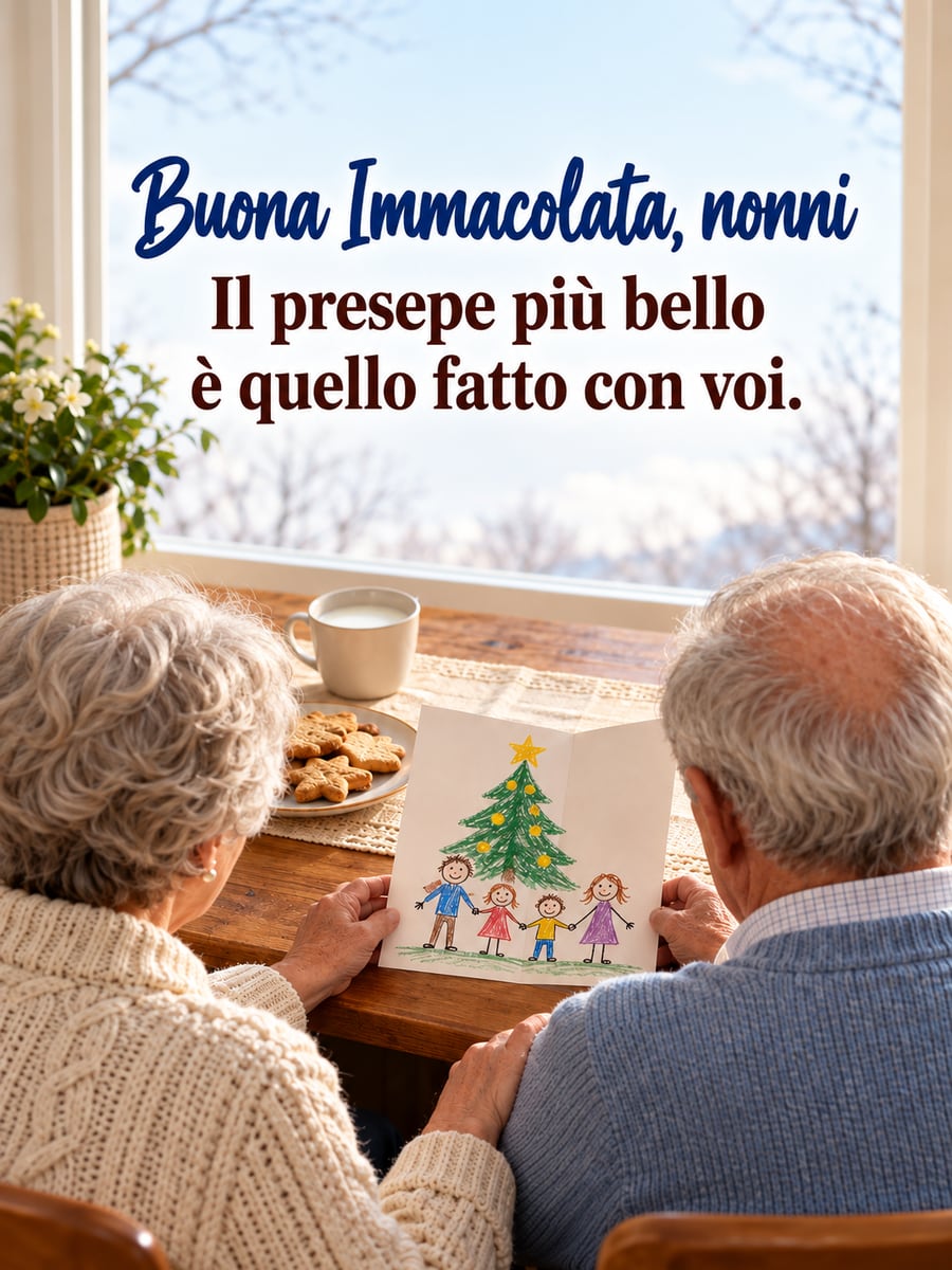 Immagine di Buona Immacolata con la scritta «Buona Immacolata, nonni» e «Il presepe più bello è quello fatto con voi.» – nonni alla finestra di spalle, biglietto disegnato a pastelli, albero di Natale disegnato
