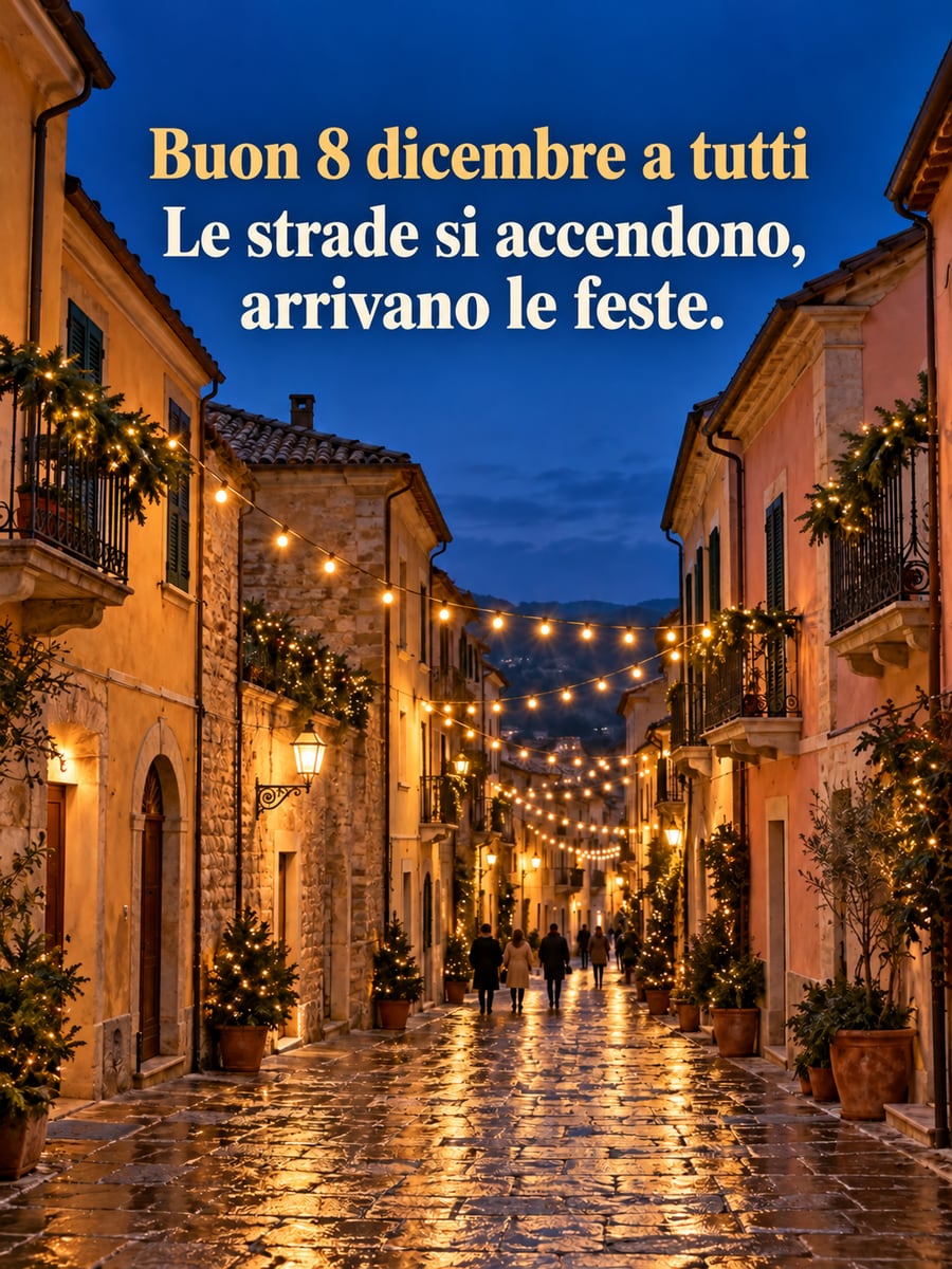 Immagine di Buona Immacolata con la scritta «Buon 8 dicembre a tutti» e «Le strade si accendono, arrivano le feste.» – strada di paese la sera, luminarie bianche, case color ocra e rosa, rametti di abete