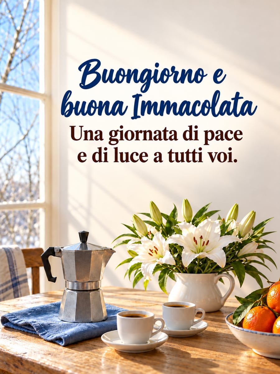 Immagine di Buona Immacolata con la scritta «Buongiorno e buona Immacolata» e «Una giornata di pace e di luce a tutti voi.» – moka sul tavolo, tazzine da caffè, gigli bianchi, finestra al mattino