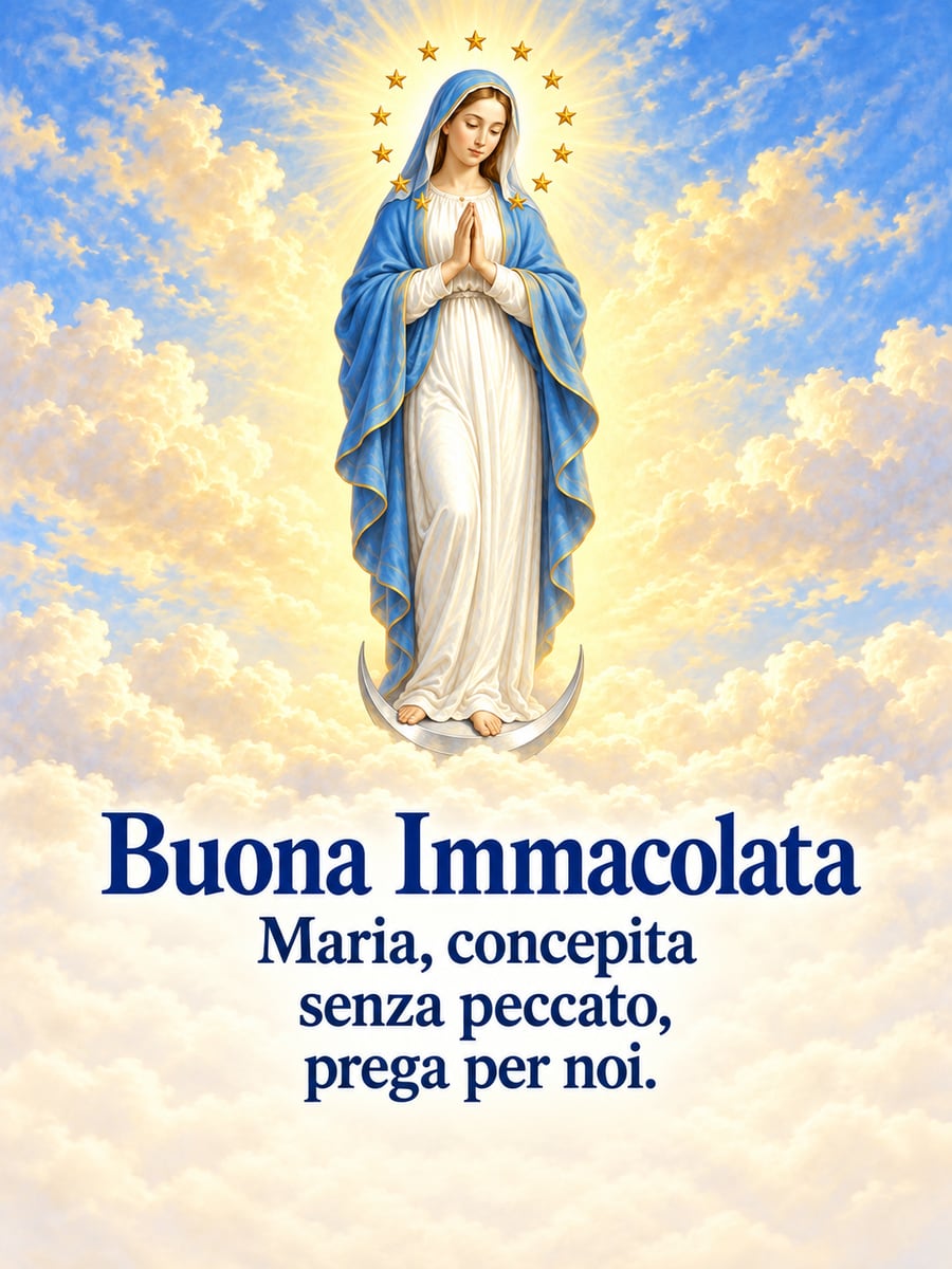 Immagine di Buona Immacolata con la scritta «Buona Immacolata» e «Maria, concepita senza peccato, prega per noi.» – dipinto a olio della Madonna, nuvole dorate, falce di luna, corona di stelle