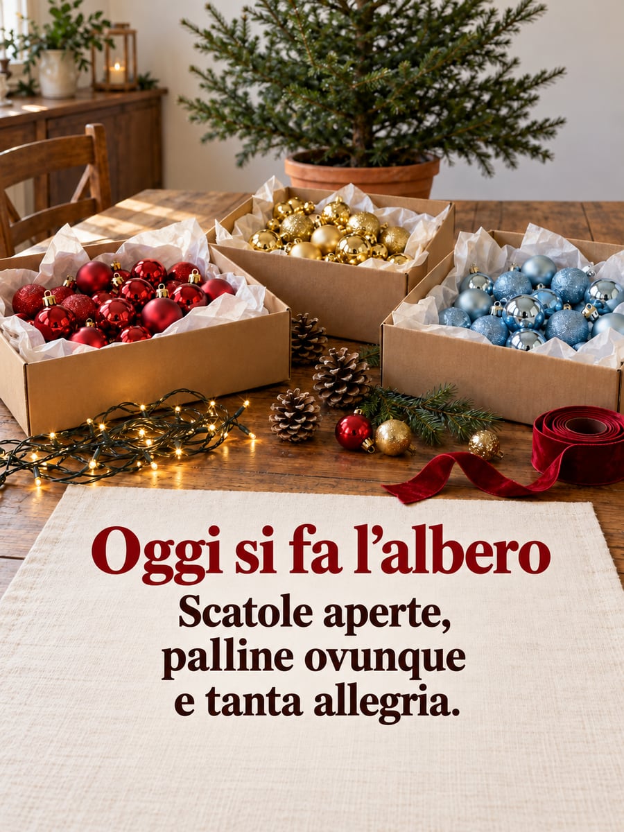 Immagine di Buona Immacolata con la scritta «Oggi si fa l’albero» e «Scatole aperte, palline ovunque e tanta allegria.» – scatole di decorazioni aperte, palline rosse, oro e azzurre, filo di lucine, pigne