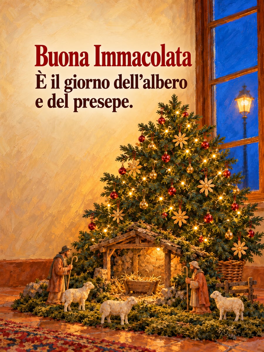 Immagine di Buona Immacolata con la scritta «Buona Immacolata» e «È il giorno dell’albero e del presepe.» – albero di Natale appena acceso, presepe sotto l’albero, capanna del presepe, pecorelle