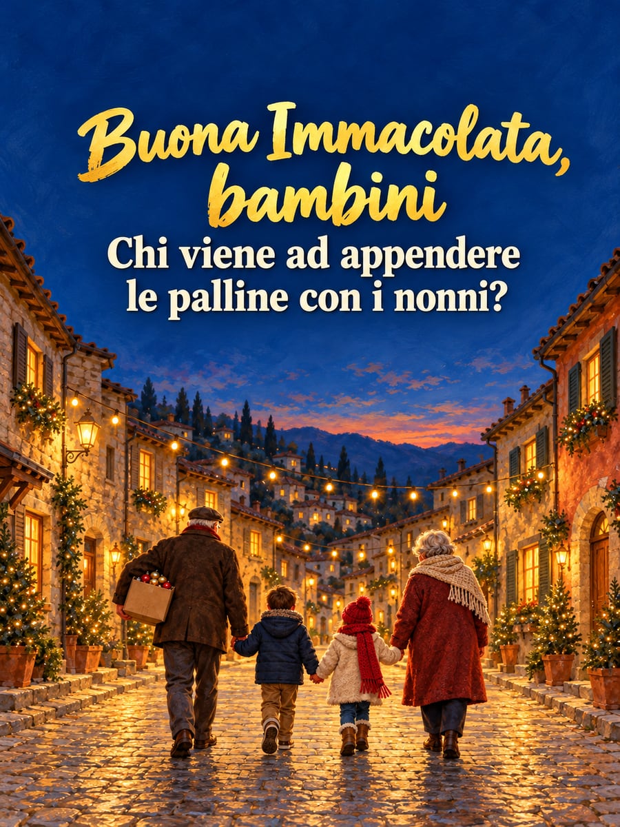 Immagine di Buona Immacolata con la scritta «Buona Immacolata, bambini» e «Chi viene ad appendere le palline con i nonni?» – nonni e nipotini a passeggio di spalle, vicolo illuminato, scatola di palline