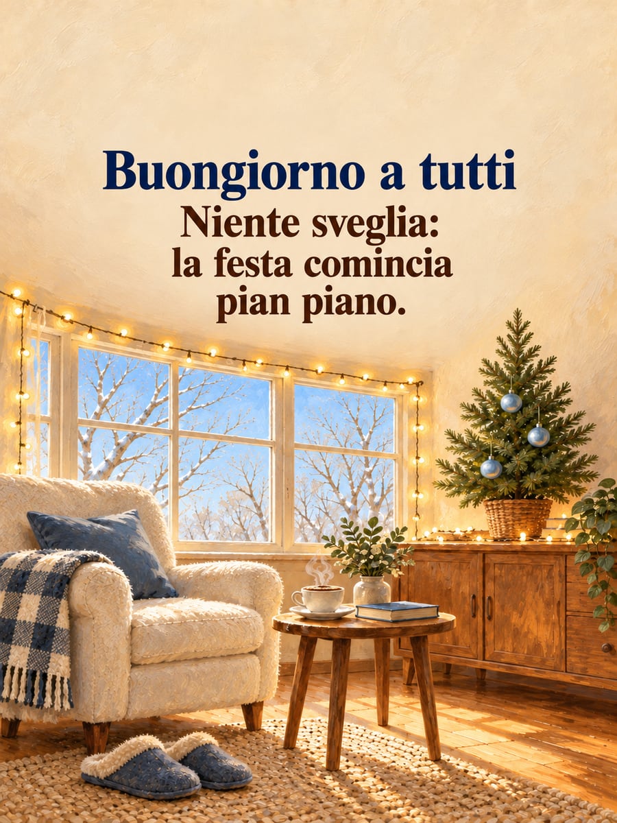 Immagine di Buona Immacolata con la scritta «Buongiorno a tutti» e «Niente sveglia: la festa comincia pian piano.» – salotto con le lucine di giorno, poltrona con il plaid, credenza di legno