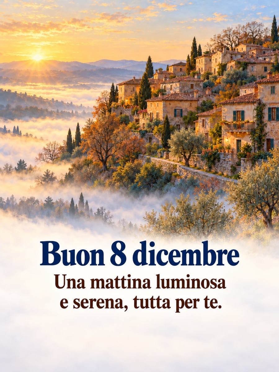 Immagine di Buona Immacolata con la scritta «Buon 8 dicembre» e «Una mattina luminosa e serena, tutta per te.» – borgo di collina, case di pietra, ulivi, primo sole