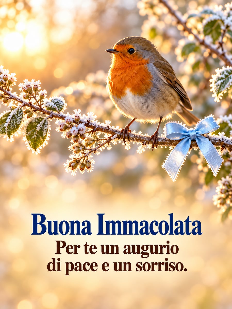Immagine di Buona Immacolata con la scritta «Buona Immacolata» e «Per te un augurio di pace e un sorriso.» – pettirosso su un rametto brinato, nastro azzurro, sole del mattino