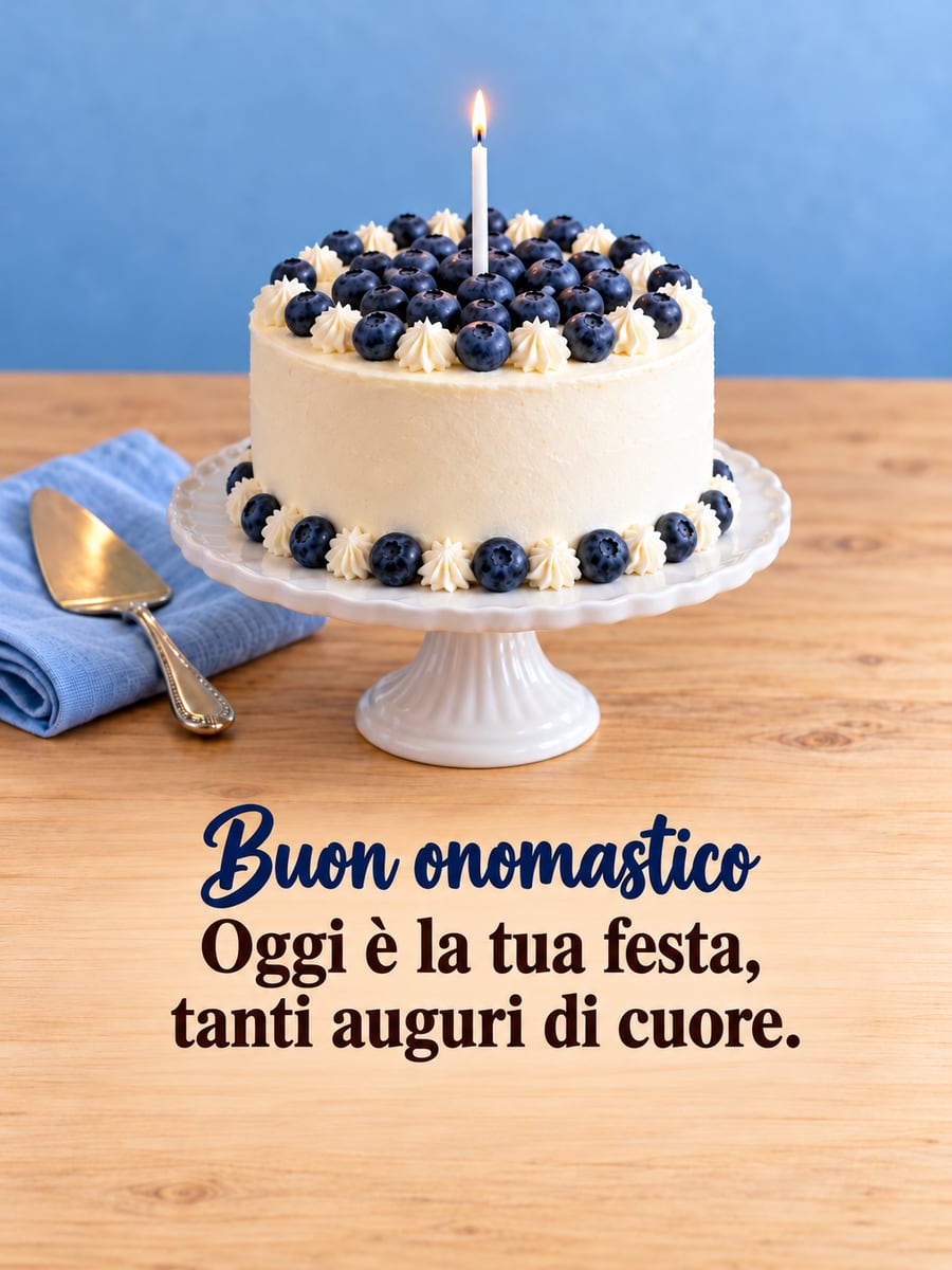 Immagine di Buona Immacolata con la scritta «Buon onomastico» e «Oggi è la tua festa, tanti auguri di cuore.» – torta bianca con mirtilli, una candelina, alzatina bianca, tovagliolo azzurro