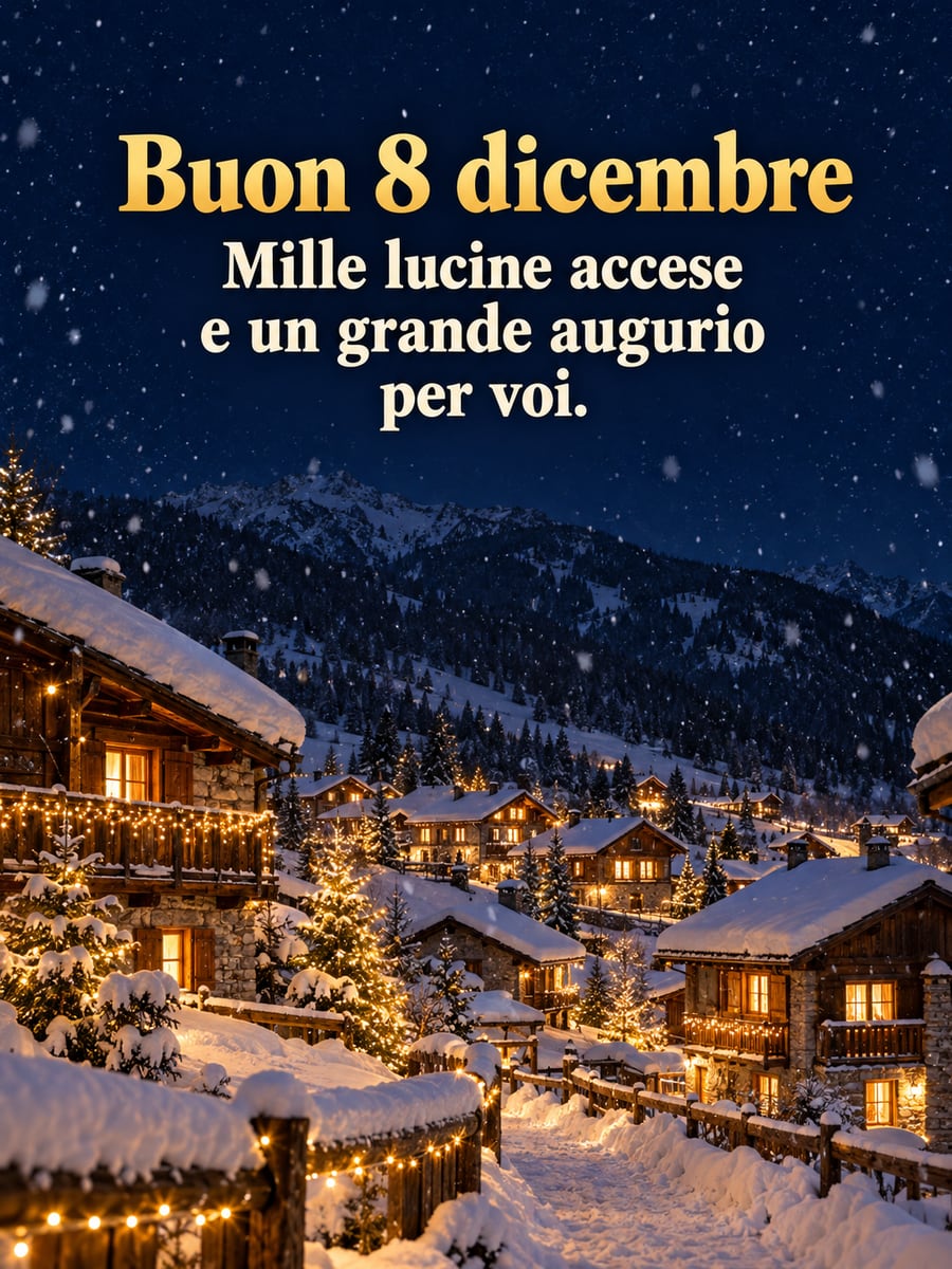 Immagine di Buona Immacolata con la scritta «Buon 8 dicembre» e «Mille lucine accese e un grande augurio per voi.» – paese di montagna sotto la neve, balconi con le lucine, notte