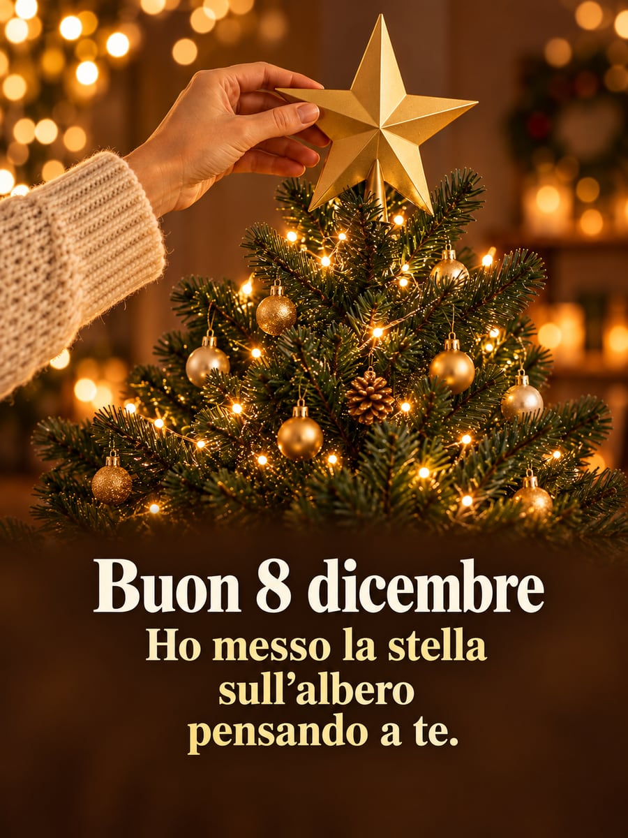 Immagine di Buona Immacolata con la scritta «Buon 8 dicembre» e «Ho messo la stella sull’albero pensando a te.» – mano che mette la stella in cima all’albero, albero di Natale, lucine