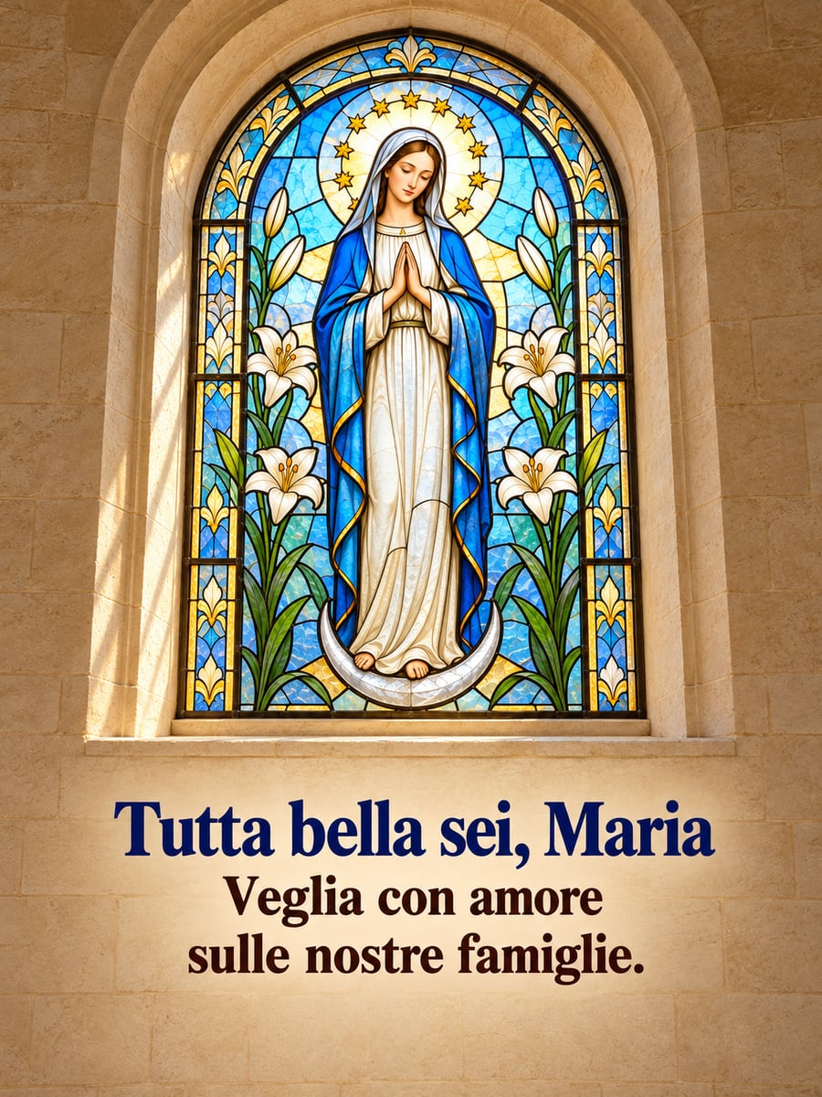 Immagine di Buona Immacolata con la scritta «Tutta bella sei, Maria» e «Veglia con amore sulle nostre famiglie.» – vetrata con la Madonna, gigli bianchi, sole del mattino