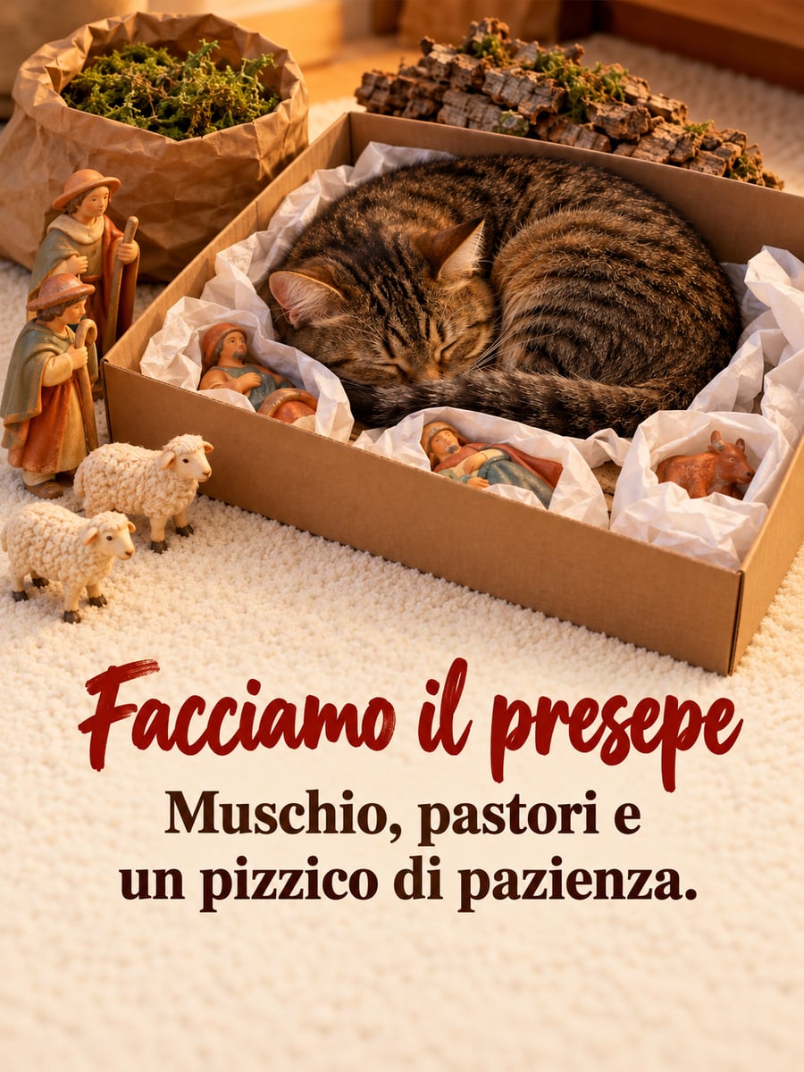 Immagine di Buona Immacolata con la scritta «Facciamo il presepe» e «Muschio, pastori e un pizzico di pazienza.» – gatto tigrato addormentato in una scatola, statuine del presepe, pecorelle, carta velina