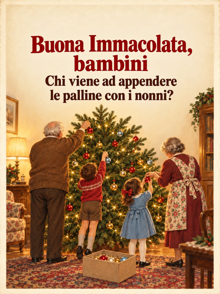 Immagine di Buona Immacolata con la scritta «Buona Immacolata, bambini» e «Chi viene ad appendere le palline con i nonni?» – nonni e nipotini appendono le palline, albero di Natale, salotto