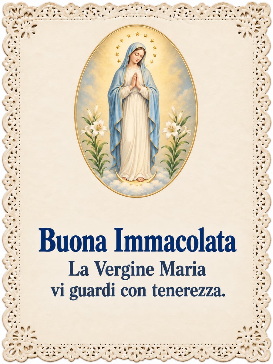 Immagine di Buona Immacolata con la scritta «Buona Immacolata» e «La Vergine Maria vi guardi con tenerezza.» – santino vintage della Madonna, bordo di carta traforata, gigli bianchi