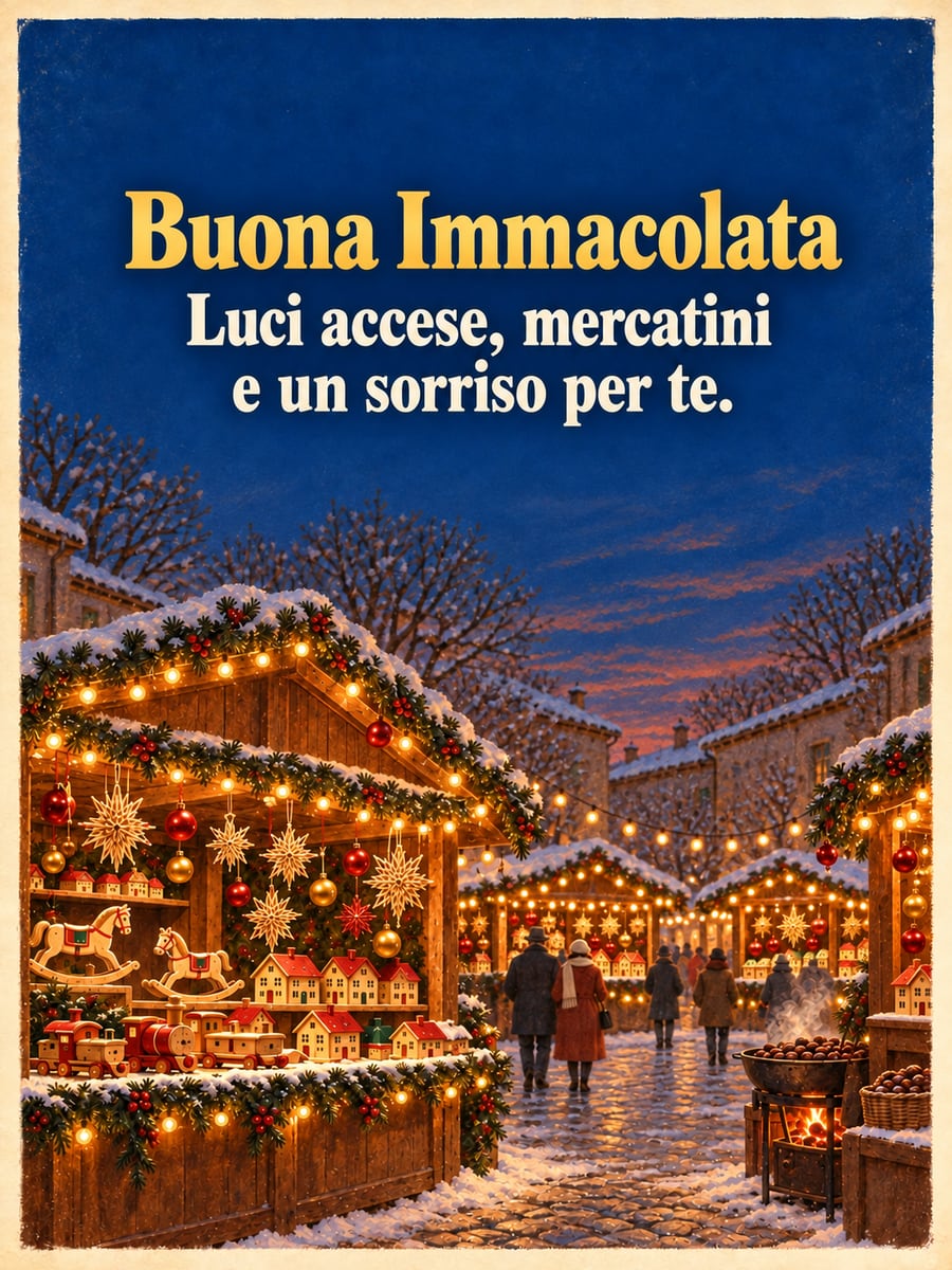 Immagine di Buona Immacolata con la scritta «Buona Immacolata» e «Luci accese, mercatini e un sorriso per te.» – mercatino di Natale, bancarella di legno, cavallini a dondolo, lucine