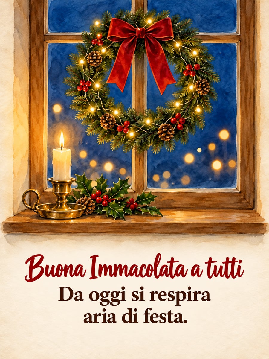 Immagine di Buona Immacolata con la scritta «Buona Immacolata a tutti» e «Da oggi si respira aria di festa.» – candela bianca alla finestra, ghirlanda di abete, agrifoglio, sera d’inverno