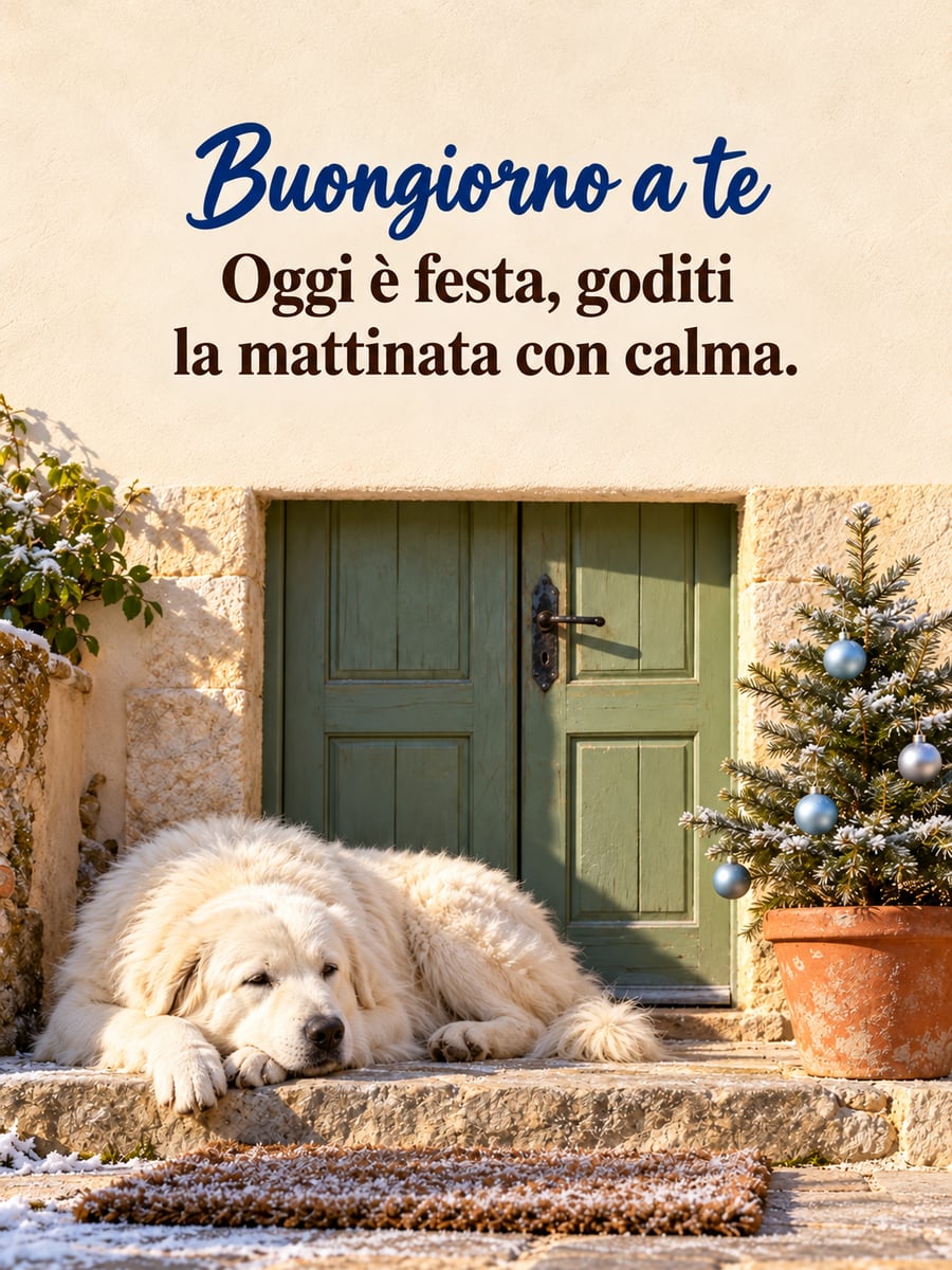 Immagine di Buona Immacolata con la scritta «Buongiorno a te» e «Oggi è festa, goditi la mattinata con calma.» – cane pastore maremmano bianco, soglia al sole, porta verde salvia, vaso di terracotta