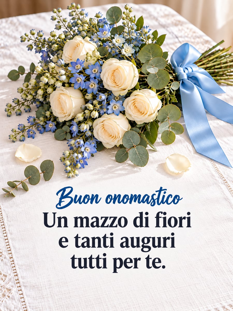 Immagine di Buona Immacolata con la scritta «Buon onomastico» e «Un mazzo di fiori e tanti auguri tutti per te.» – mazzo di rose bianche, fiori azzurri, eucalipto, nastro di seta azzurro