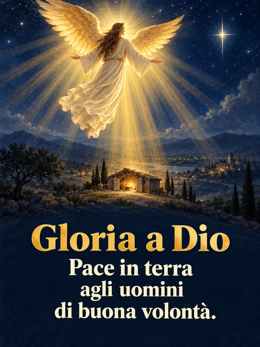 Immagine di Natale con la scritta «Gloria a Dio» e «Pace in terra agli uomini di buona volontà.» – angelo, capanna illuminata, cielo stellato