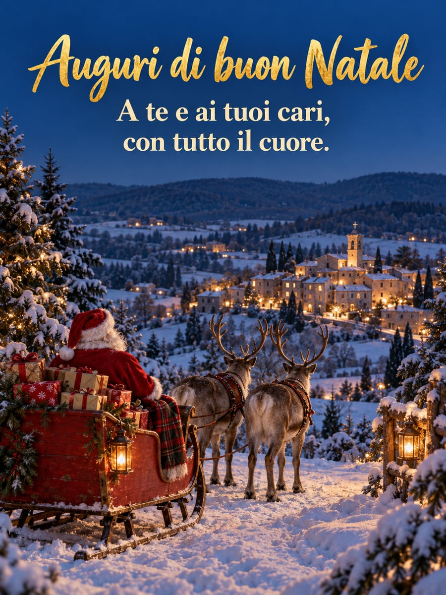 Immagine di Natale con la scritta «Auguri di buon Natale» e «A te e ai tuoi cari, con tutto il cuore.» – Babbo Natale sulla slitta, renne, regali, borgo innevato