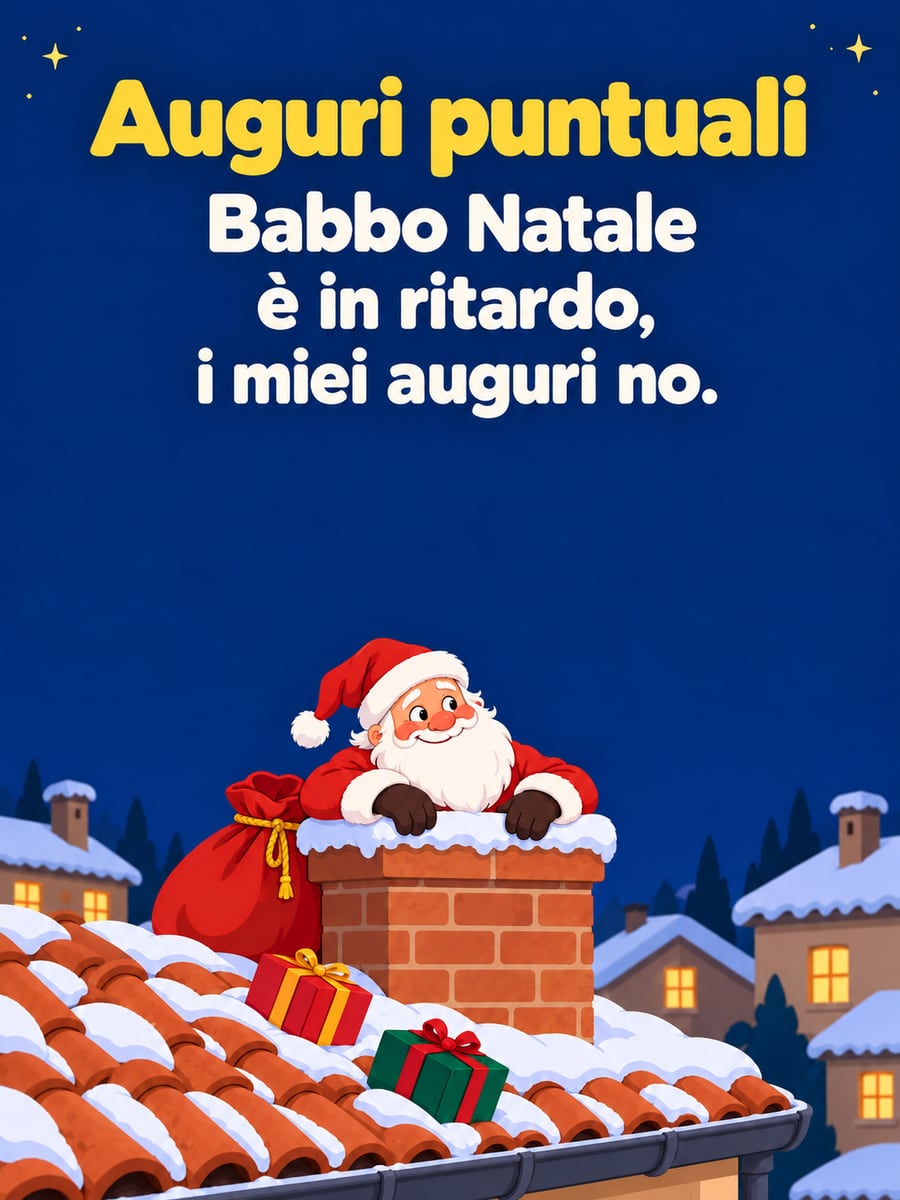 Immagine di Natale con la scritta «Auguri puntuali» e «Babbo Natale è in ritardo, i miei auguri no.» – Babbo Natale nel camino, tetti, regali
