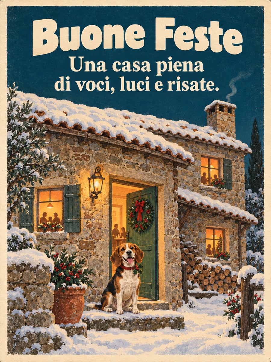 Immagine di Natale con la scritta «Buone Feste» e «Una casa piena di voci, luci e risate.» – beagle, casa di pietra, neve, ghirlanda