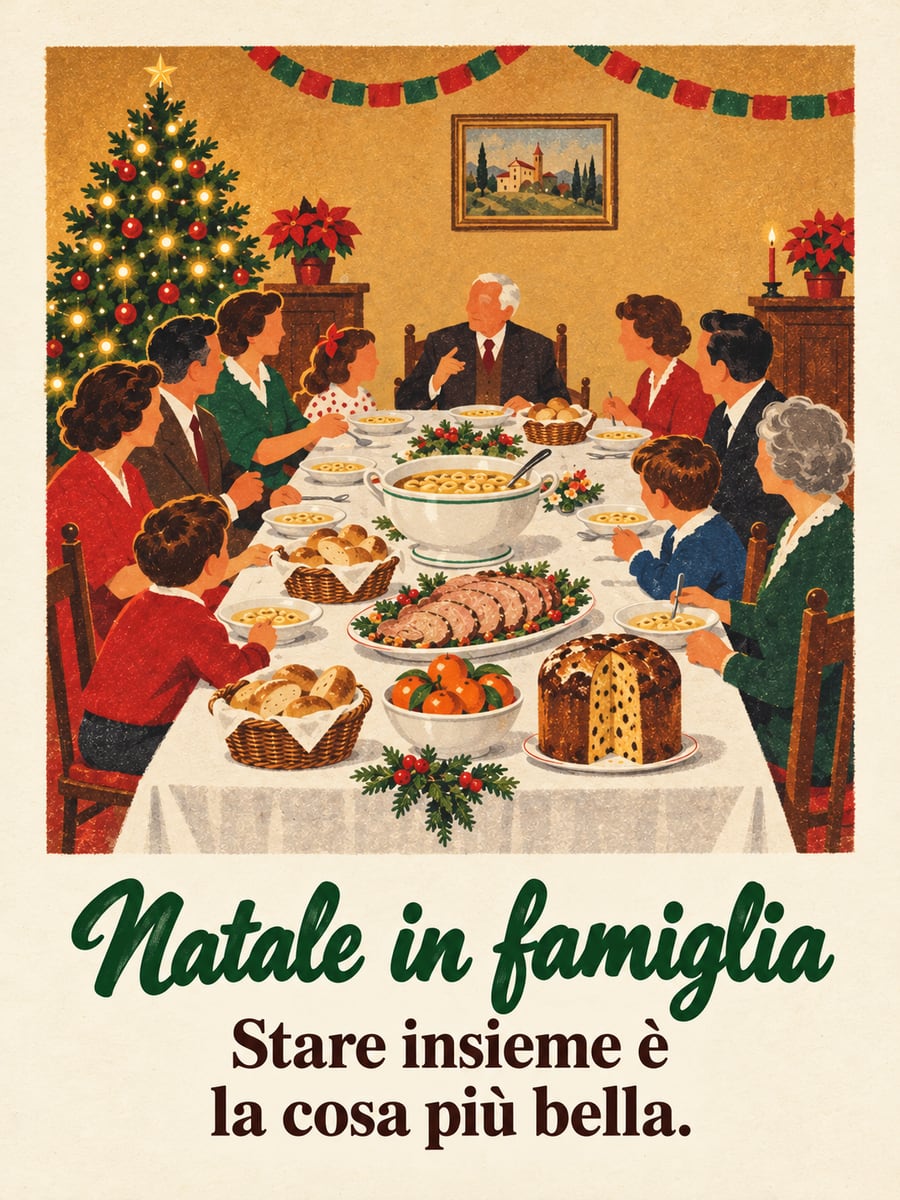 Immagine di Natale con la scritta «Natale in famiglia» e «Stare insieme è la cosa più bella.» – famiglia a tavola, pranzo di Natale, panettone, albero di Natale