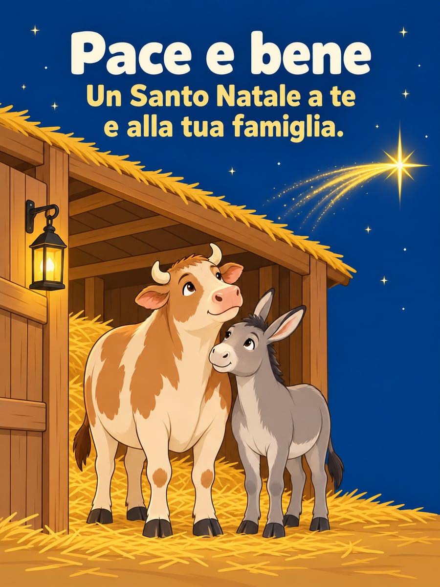 Immagine di Natale con la scritta «Pace e bene» e «Un Santo Natale a te e alla tua famiglia.» – bue, asinello, stalla, stella cometa