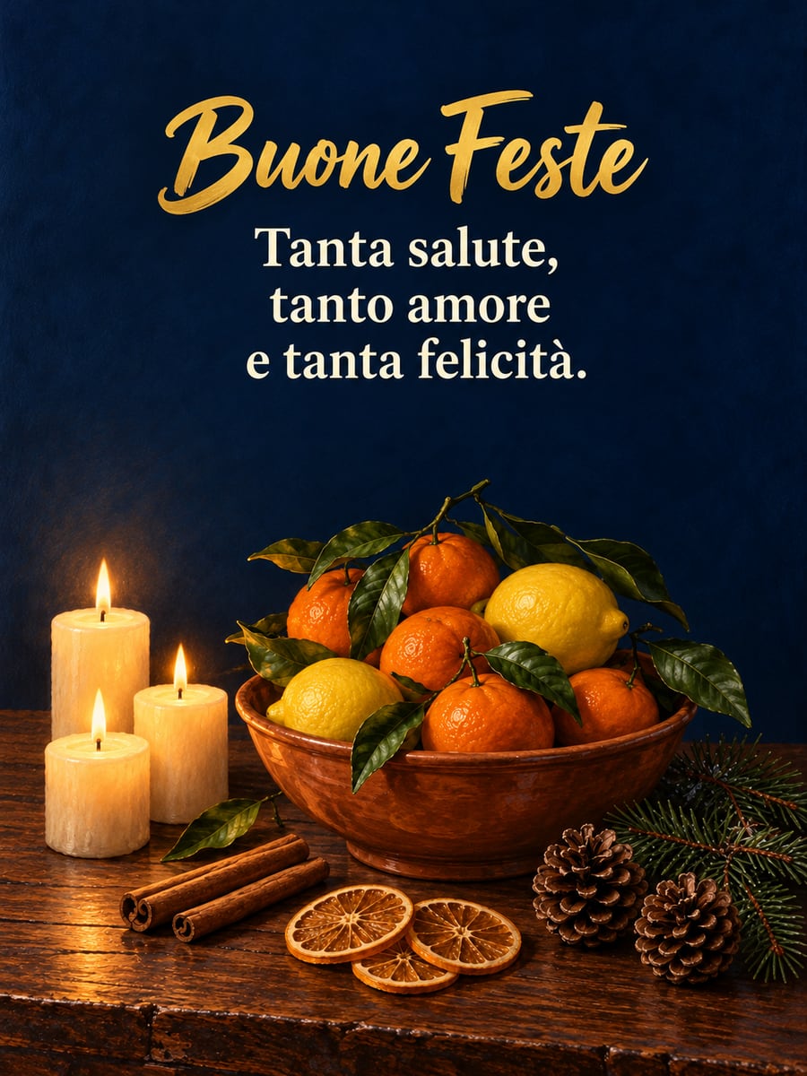 Immagine di Natale con la scritta «Buone Feste» e «Tanta salute, tanto amore e tanta felicità.» – mandarini, limoni, candele, pigne