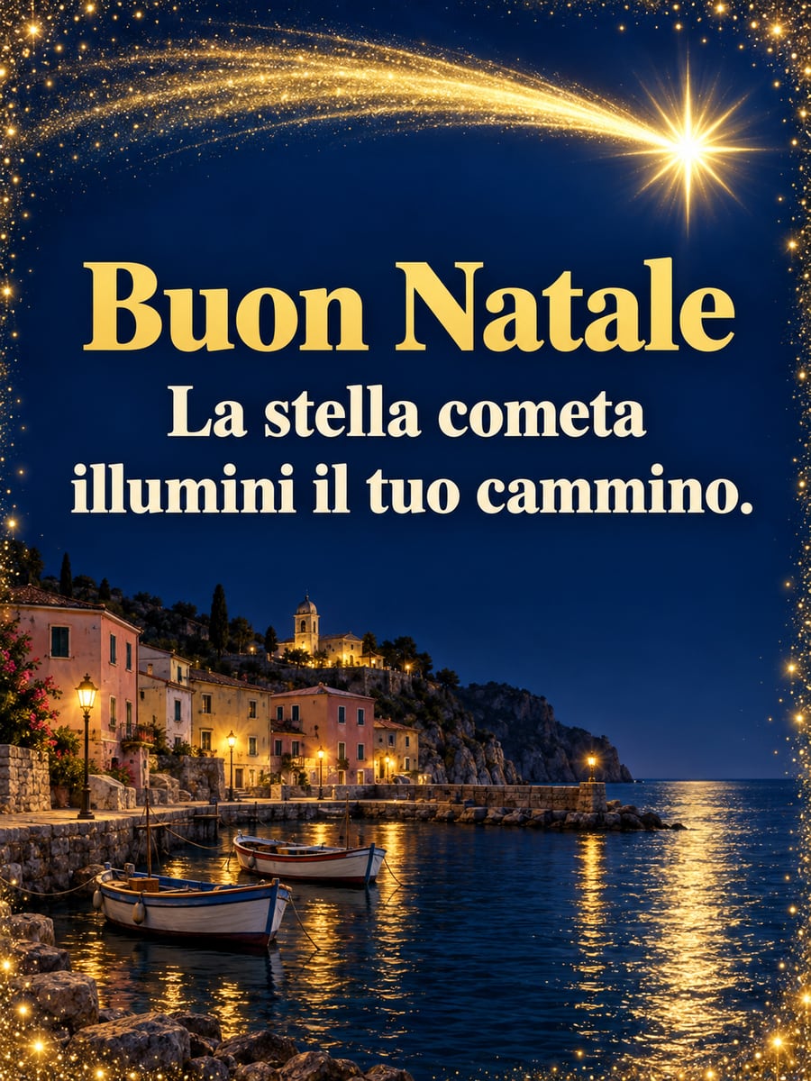 Immagine di Natale con la scritta «Buon Natale» e «La stella cometa illumini il tuo cammino.» – stella cometa, borgo sul mare, barche