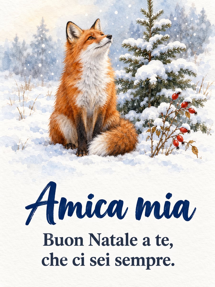 Immagine di Natale con la scritta «Amica mia» e «Buon Natale a te, che ci sei sempre.» – volpe rossa, abete innevato, bacche di rosa canina