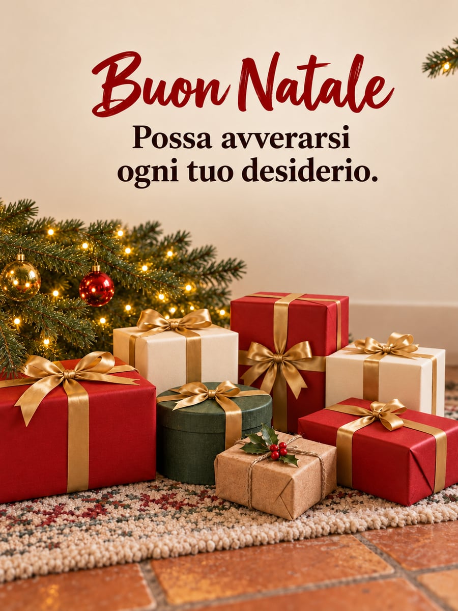 Immagine di Natale con la scritta «Buon Natale» e «Possa avverarsi ogni tuo desiderio.» – regali, albero di Natale, palline