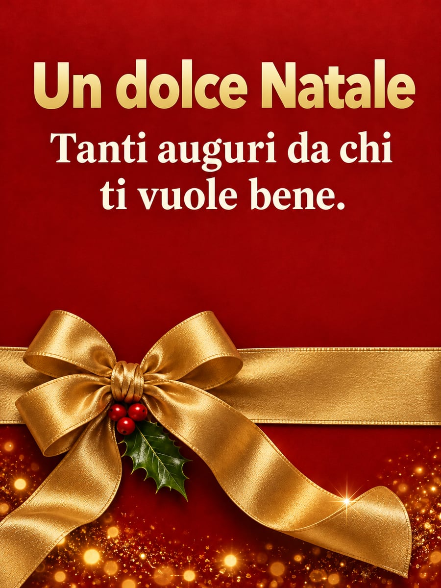 Immagine di Natale con la scritta «Un dolce Natale» e «Tanti auguri da chi ti vuole bene.» – pacco regalo rosso, fiocco dorato, agrifoglio