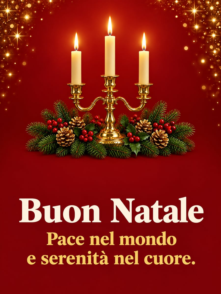 Immagine di Natale con la scritta «Buon Natale» e «Pace nel mondo e serenità nel cuore.» – candelabro dorato, candele, rami di abete, pigne