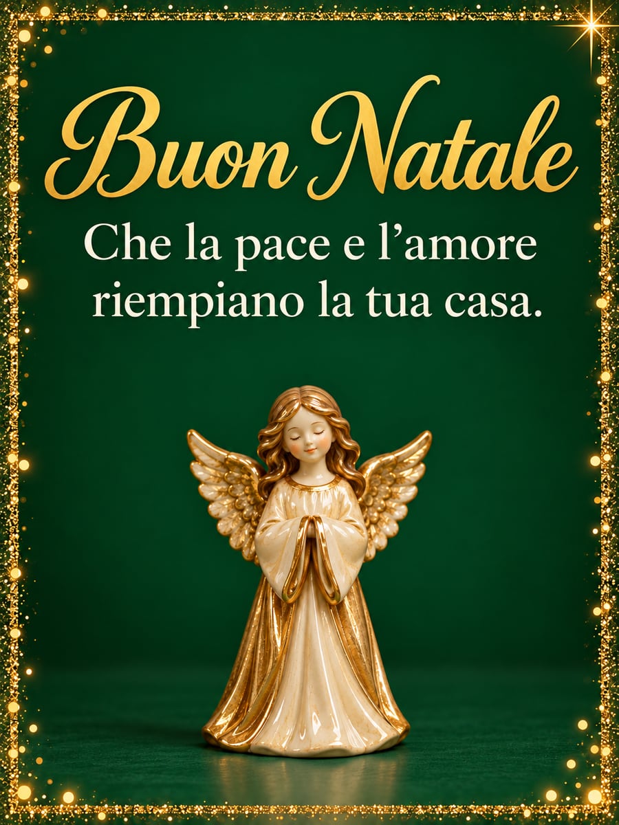 Immagine di Natale con la scritta «Buon Natale» e «Che la pace e l’amore riempiano la tua casa.» – statuina di angelo, lucine dorate