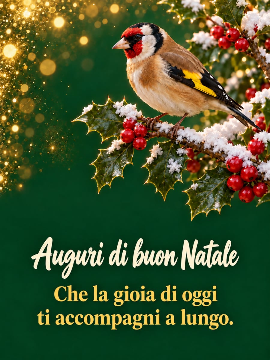 Immagine di Natale con la scritta «Auguri di buon Natale» e «Che la gioia di oggi ti accompagni a lungo.» – cardellino, agrifoglio, neve