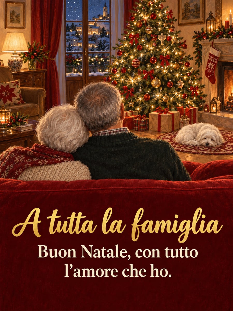 Immagine di Natale con la scritta «A tutta la famiglia» e «Buon Natale, con tutto l’amore che ho.» – nonni, albero di Natale, cagnolino maltese