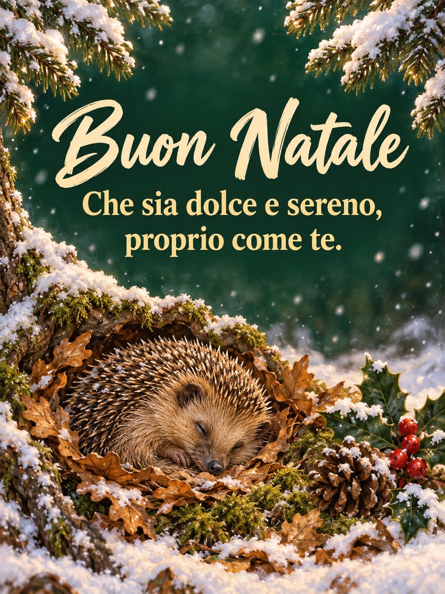 Immagine di Natale con la scritta «Buon Natale» e «Che sia dolce e sereno, proprio come te.» – riccio, nido di muschio, agrifoglio, pigne