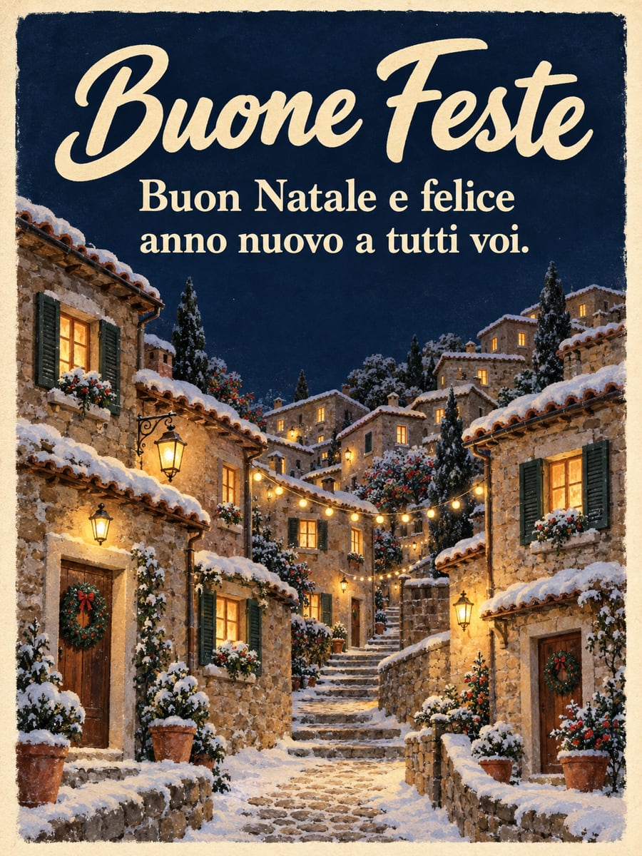 Immagine di Natale con la scritta «Buone Feste» e «Buon Natale e felice anno nuovo a tutti voi.» – borgo innevato, scalinata, lucine, ghirlanda