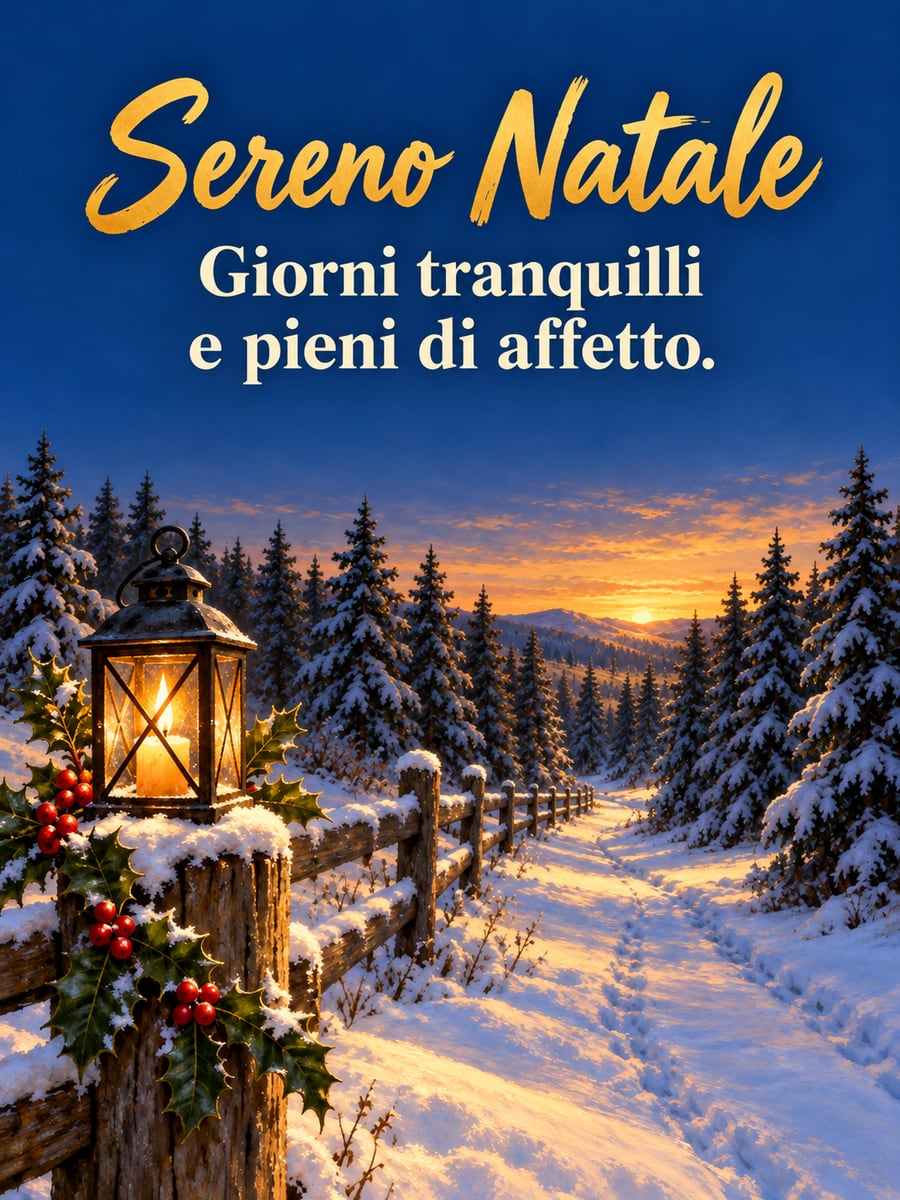 Immagine di Natale con la scritta «Sereno Natale» e «Giorni tranquilli e pieni di affetto.» – lanterna, sentiero innevato, abeti, staccionata