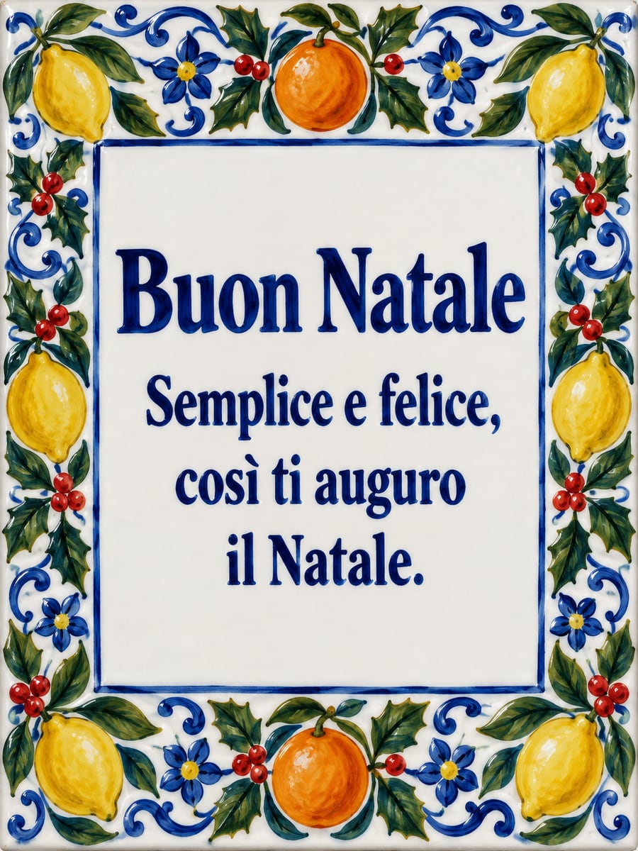 Immagine di Natale con la scritta «Buon Natale» e «Semplice e felice, così ti auguro il Natale.» – piastrella di maiolica, limoni, arance