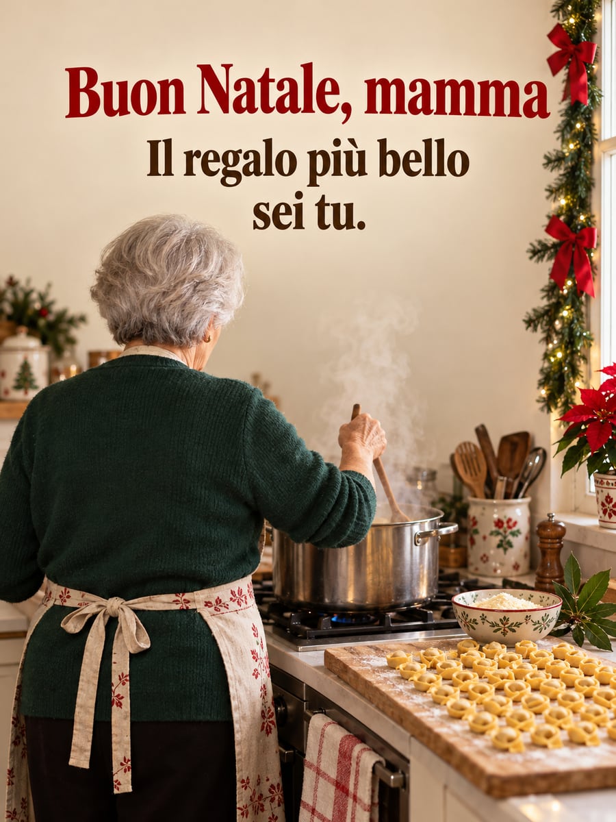 Immagine di Natale con la scritta «Buon Natale, mamma» e «Il regalo più bello sei tu.» – mamma in cucina, tortellini, pentola