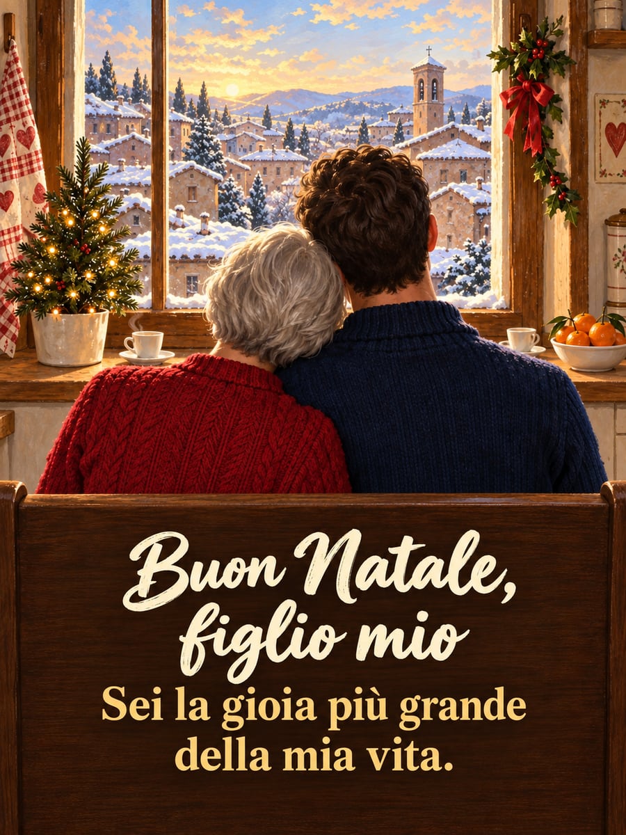 Immagine di Natale con la scritta «Buon Natale, figlio mio» e «Sei la gioia più grande della mia vita.» – mamma e figlio, finestra, borgo innevato